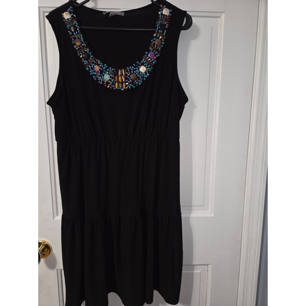 NY Collection Embellished Tiered Dress Womens XL Black Boho Beaded Neckline - Picture 5 of 5